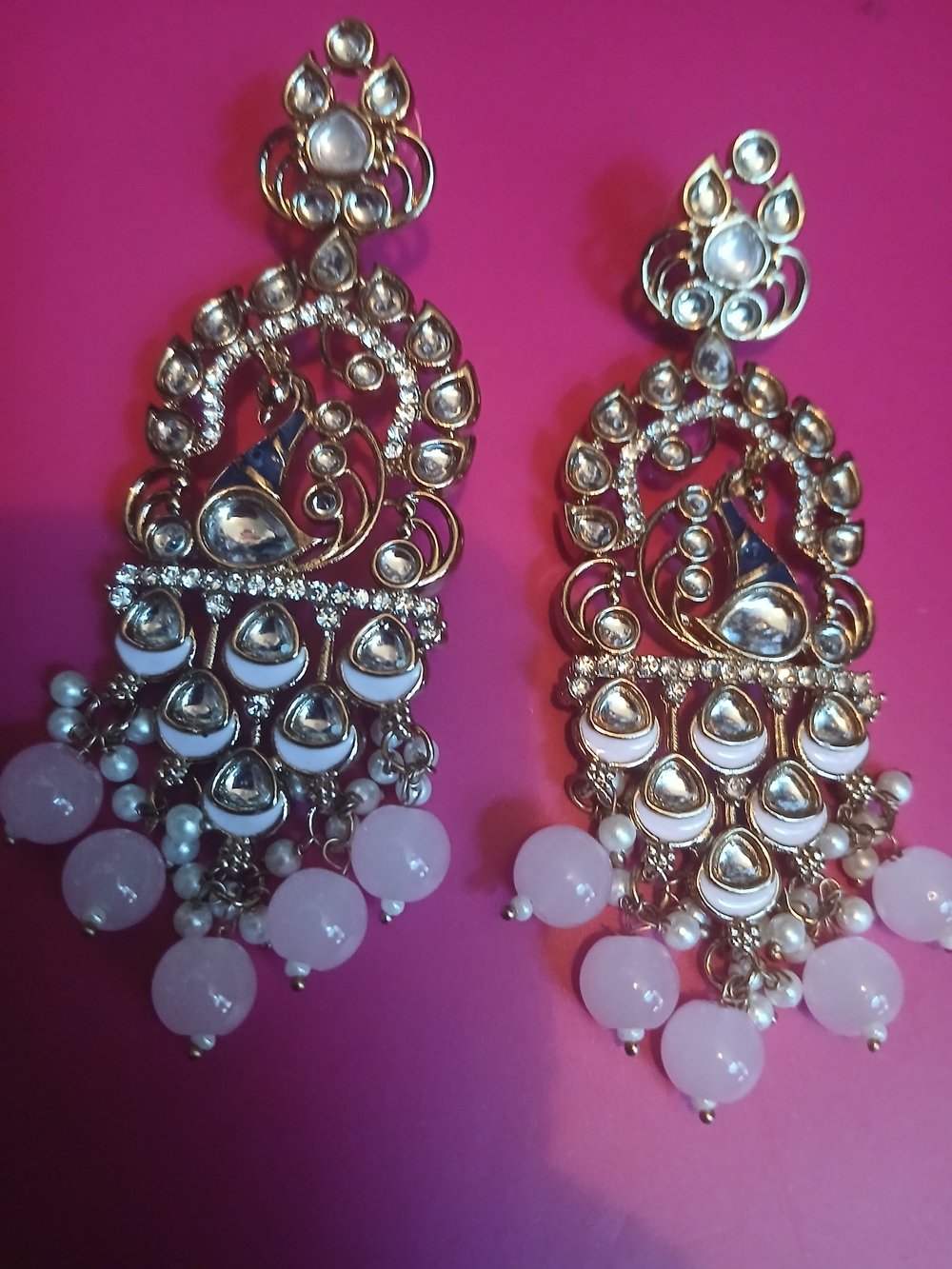 Gold-Tone Kundan Chandbali Earrings with Pink Bead Drops